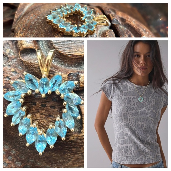 Vintage 14K Gold Blue Topaz Heart Pendant - Picture 2 of 7